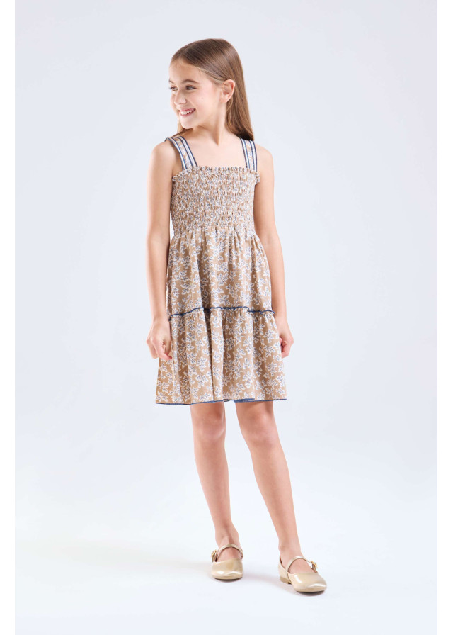 Vestido corpiño elasticado beige y azul niña | Sètelle