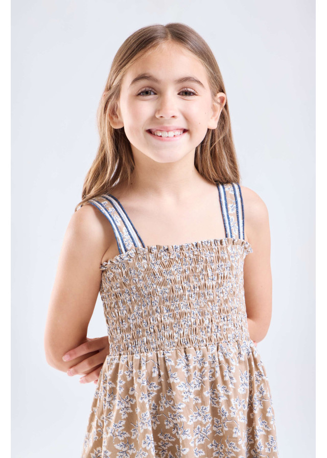 Vestido corpiño elasticado beige y azul niña | Sètelle