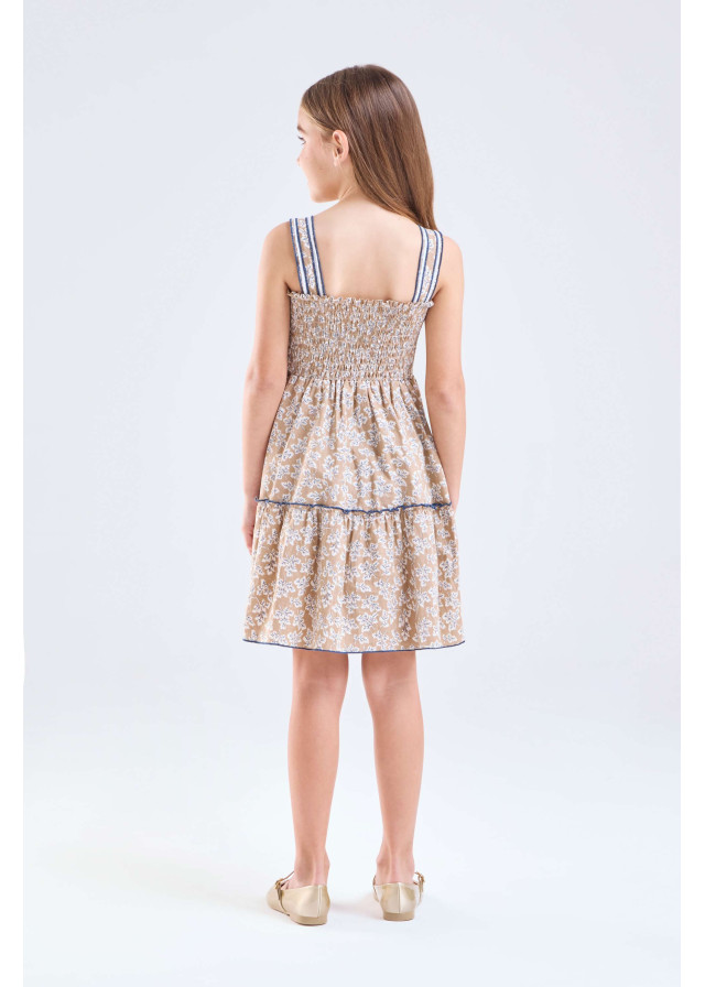 Vestido corpiño elasticado beige y azul niña | Sètelle