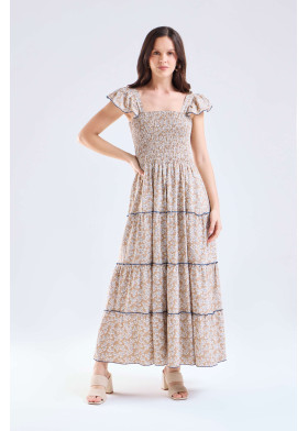 Vestido mujer  largo beige y azul 4 tiempos | Sètelle