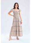 Vestido mujer largo beige/azul corpiño elasticado