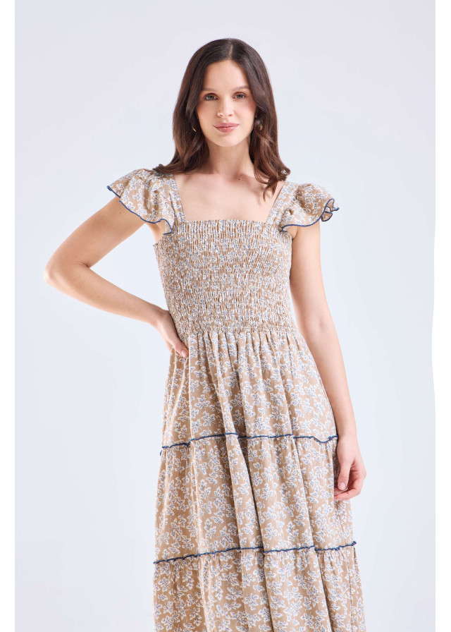Vestido mujer  largo beige y azul 4 tiempos | Sètelle