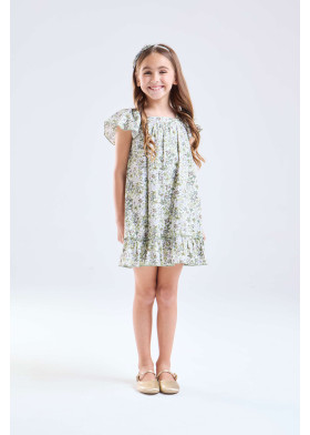 Vestido flores verde forrado de niña | Sètelle