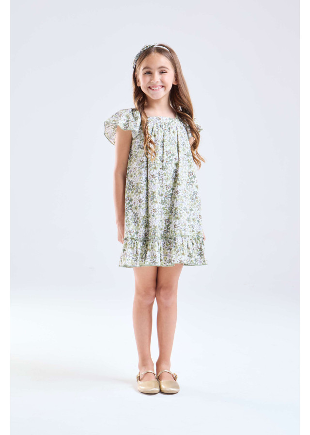 Vestido flores verde forrado de niña | Sètelle