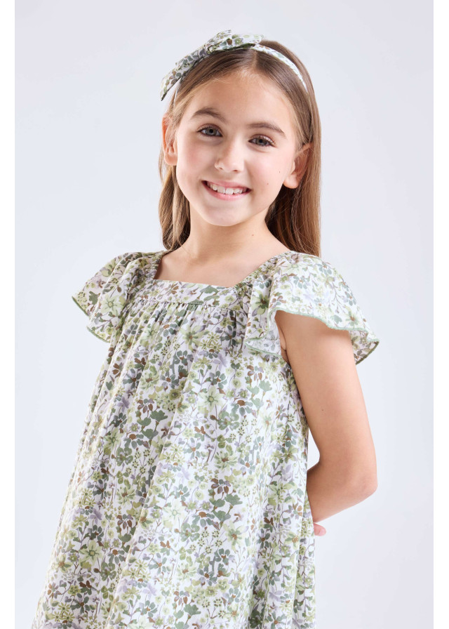 Vestido flores verde forrado de niña | Sètelle