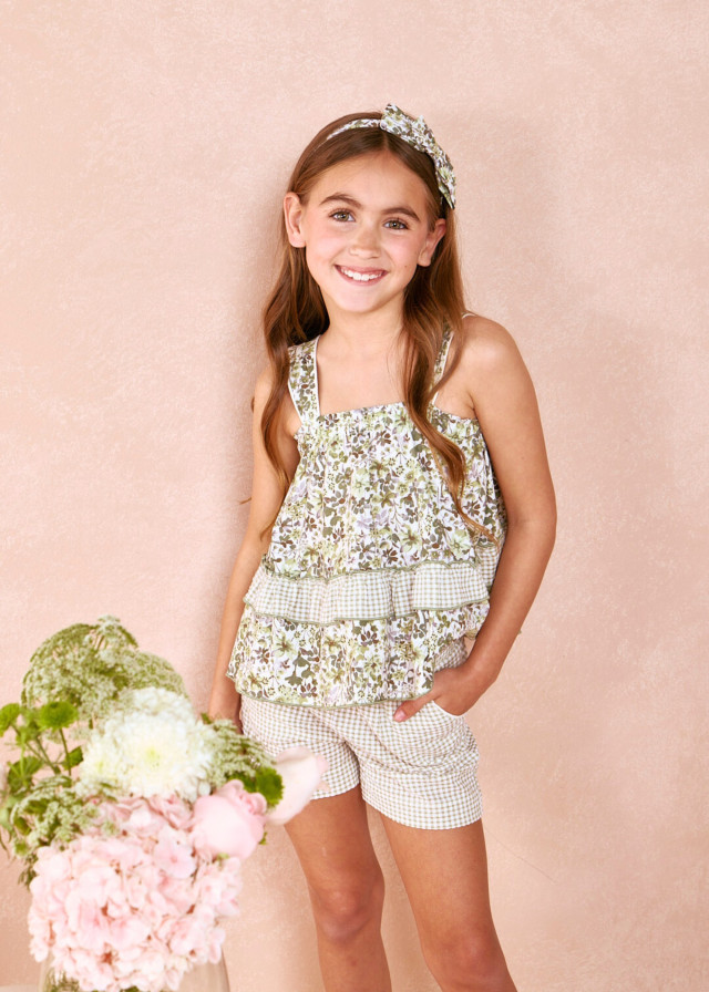 Conjunto de flores y vichy verde de niña  | Sètelle