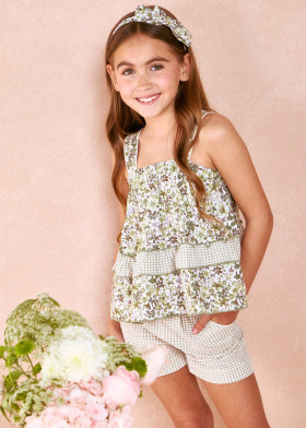 Conjunto de flores y vichy verde de niña  | Sètelle