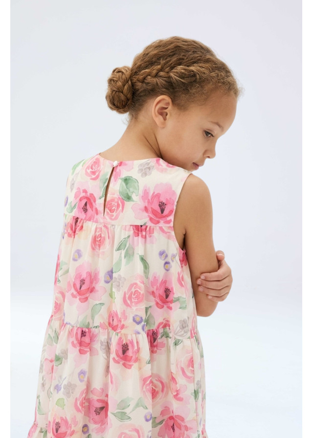 Vista posterior vestido floral rosa y verde para niñas