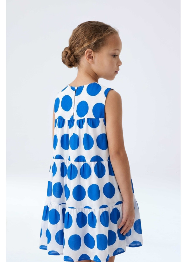 Vista posterior vestido estampado de círculos azules para niña