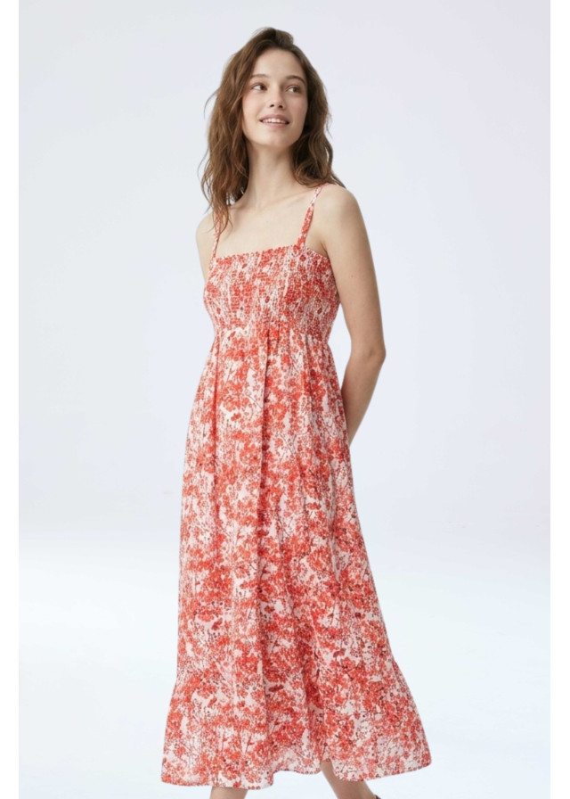 Vestido largo floral coral para mujer