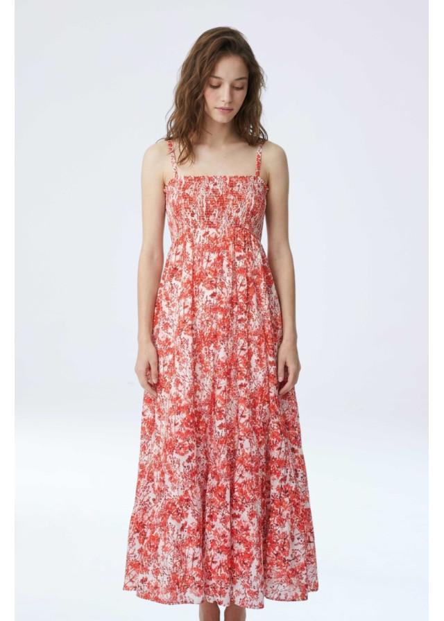Vista frontal vestido midi floral coral para mujer
