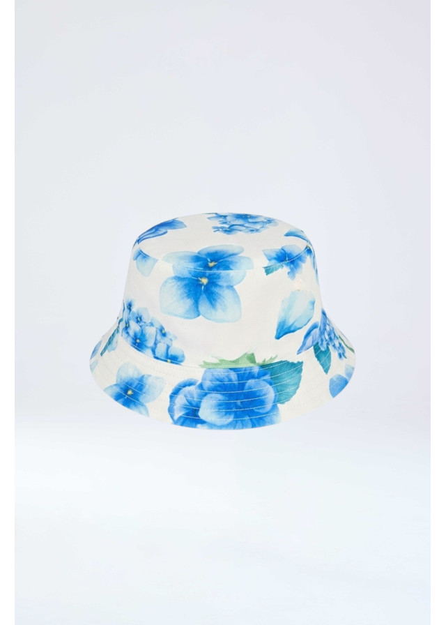 Sombrero de sol para niñas con diseño reversible y estampado de flores en tonos azules, ideal combinar con vestido a juego.